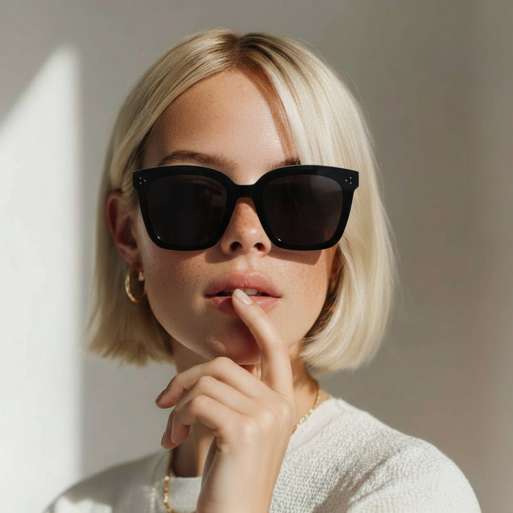 Woman wearing black sunglasses with a neutral background