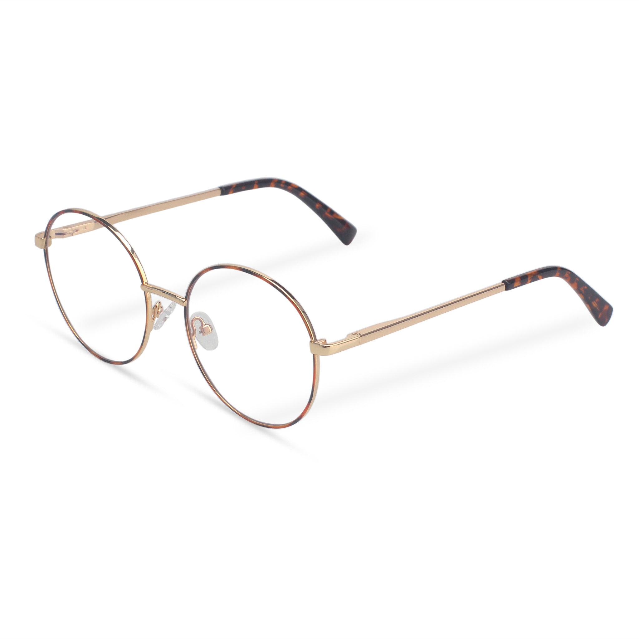 Round eyeglasses with gold-tortoise frame