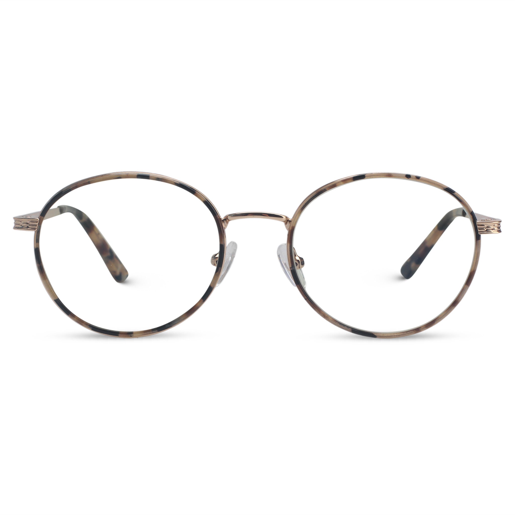 Round tortoise and gold eyeglasses